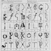 Grabado de un alfabeto con dibujos de objetos metálicos con la forma de cada letra, incluyendo un cuerno para la C, una guadaña para la G y un pico para la T.