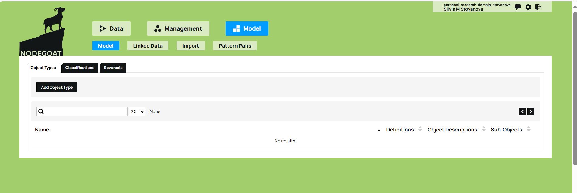 The Model panel and the option Add Object Type which allows us to begin defining our data model