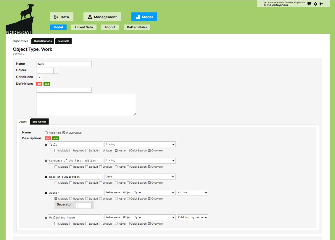 Example of the Author attribute with the option 'Reference: Object Type' in the drop-down menu, with the box for multiple authors selected, and a separator added as a semi-colon