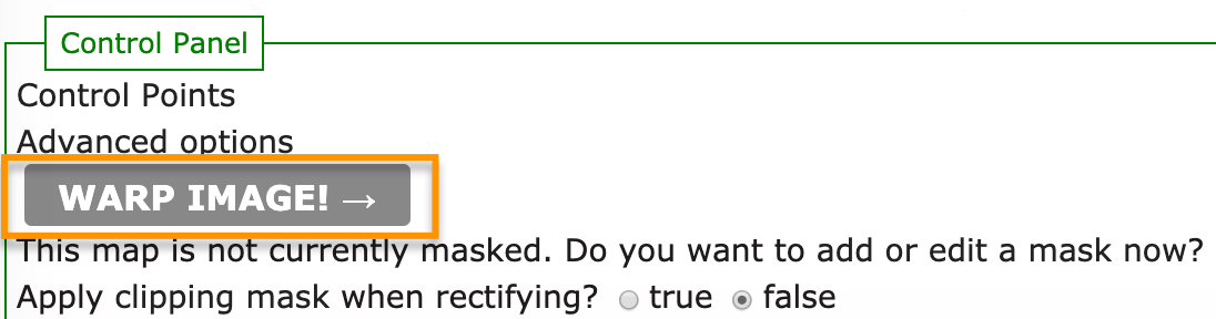 Realce do botão 'Warp Image!' no Map Warper.