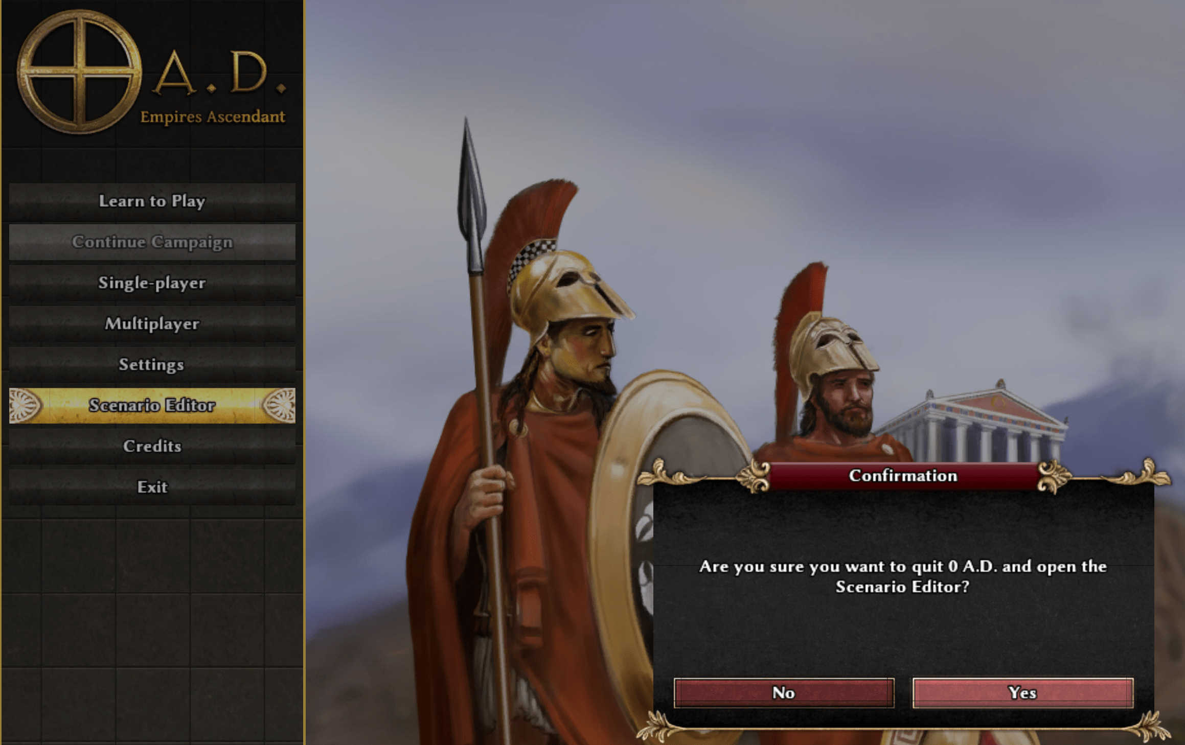 From the game's main menu, select 'Scenario Editor', and then click 'Yes' in answer to the question 'Are you sure that you want to quit 0̸ A.D. and open the Scenario Editor?'.