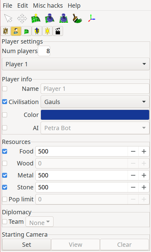 Creating a sample Player 1, who is assigned to be the Hans and has 500 Wood, 500 Stone, and 500 Metal in order to be able to build a civic center at the game's start.